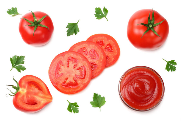 slice of tomato with parsley isolated on white background. top view - Foto, afbeelding