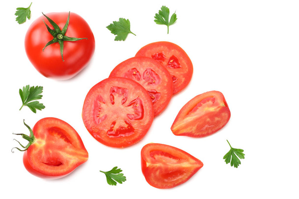 slice of tomato with parsley isolated on white background. top view - Foto, Imagem