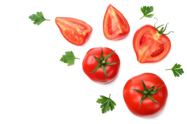 slice of tomato with parsley isolated on white background. top view - Foto, Bild