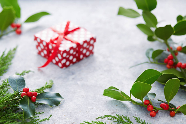 Christmas present wrapped with polka dot paper, and decorated with holly berries. - Photo, Image