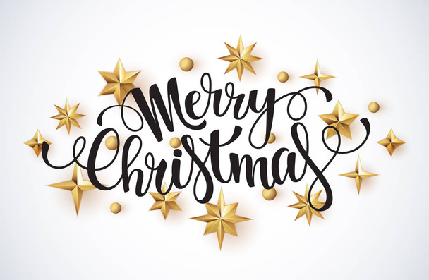 Merry Christmas lettering vector illustration. 3d golden stars on a white background. - Vektor, Bild