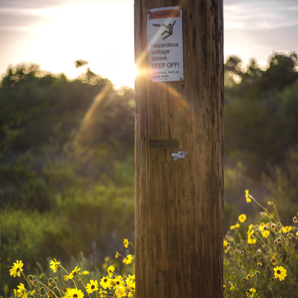 Предупреждающий знак на деревянном электрическом столбе заката
 - Фото, изображение