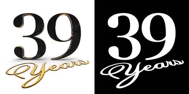 Gouden getal negenendertig (nummer 39) en de inscriptie jaren met slagschaduw en alpha-kanaal. 3D illustratie. - Foto, afbeelding