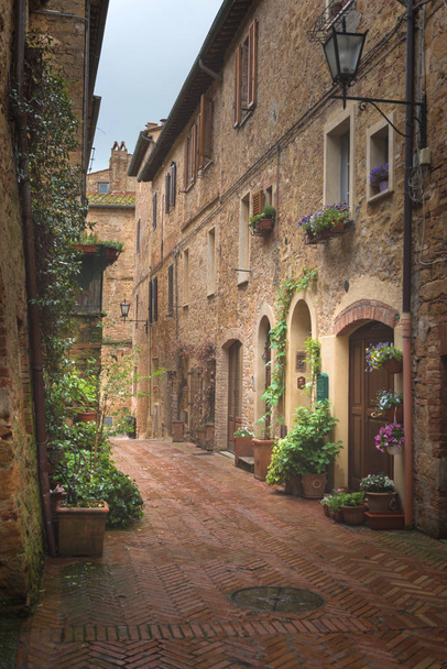 Flowery streets on a rainy spring day in a small magical village Pienza, Tuscany - Zdjęcie, obraz