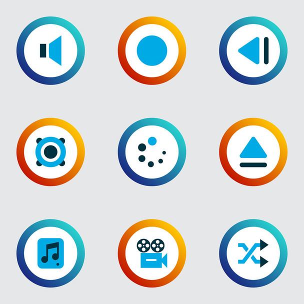 Multimedia icons set met gekleurde uitwerpen, shuffle, langzaam achteruit en andere versterker elementen. Geïsoleerde vector illustratie multimedia pictogrammen. - Vector, afbeelding