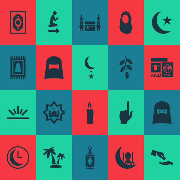 Vakantie pictogrammen instellen met kerk, hajj, hoofddoek en andere Bandana-elementen Geïsoleerde vector illustratie vakantie pictogrammen. - Vector, afbeelding