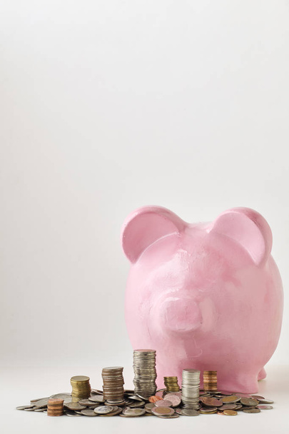 Pink piggy bank on white background. Finance, saving money, In the natural state - 写真・画像