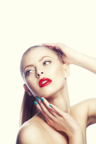 Portrait of woman with red lips and blue nail polish - Foto, Imagem