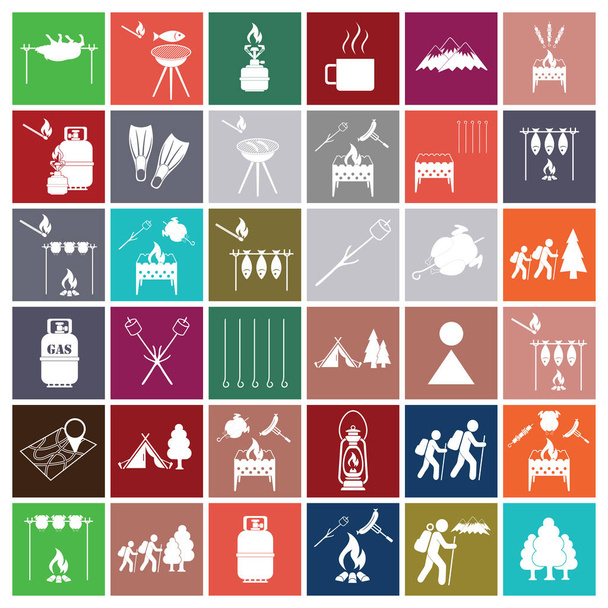 Set von Symbolen für die Campingausrüstung. Vektorillustration - Vektor, Bild