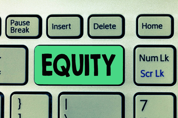 Scrivere testi a mano Equity. Concetto significato Valore di una società divisa in parti uguali di proprietà degli azionisti
 - Foto, immagini