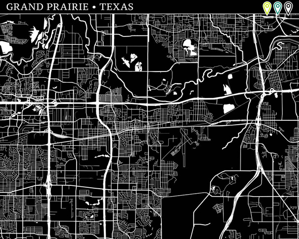 Einfache Landkarte der Grand Prairie, Texas, USA. Schwarz-Weiß-Version für Hintergründe. diese Karte der Prärie enthält drei Markierungen, die gruppiert sind und in Vektorversion separat bewegt werden können. - Vektor, Bild