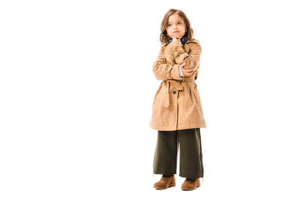 thoughtful adorable child in trench coat isolated on white - Foto, Imagem