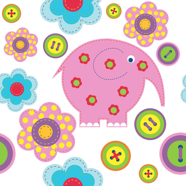 Cute seamless background with a elephant buttons and flowers - Διάνυσμα, εικόνα