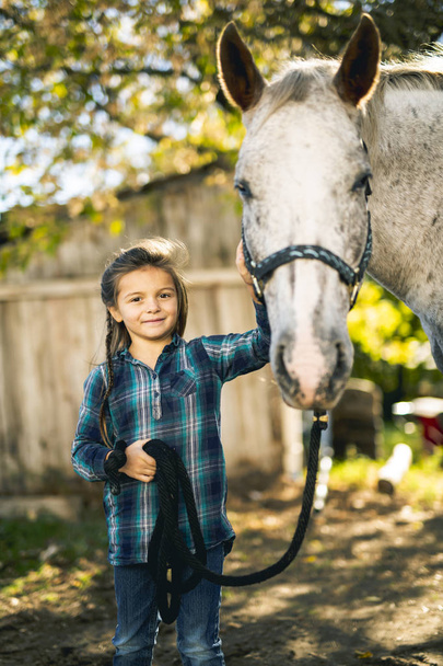 in a beautiful Autumn season of a young girl and horse - Foto, afbeelding