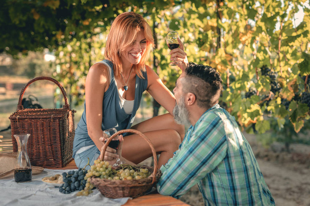 Pareja adulta tomando picnic y degustando vino en el viñedo
 - Foto, imagen