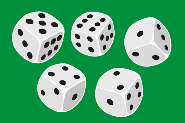 fünf weiße Würfel Größe in einem Würfelspiel geworfen, yatzy oder jede Art von Würfelspiel vor einem grünen Hintergrund - Illustration in einfachem, sauberem Design - Foto, Bild
