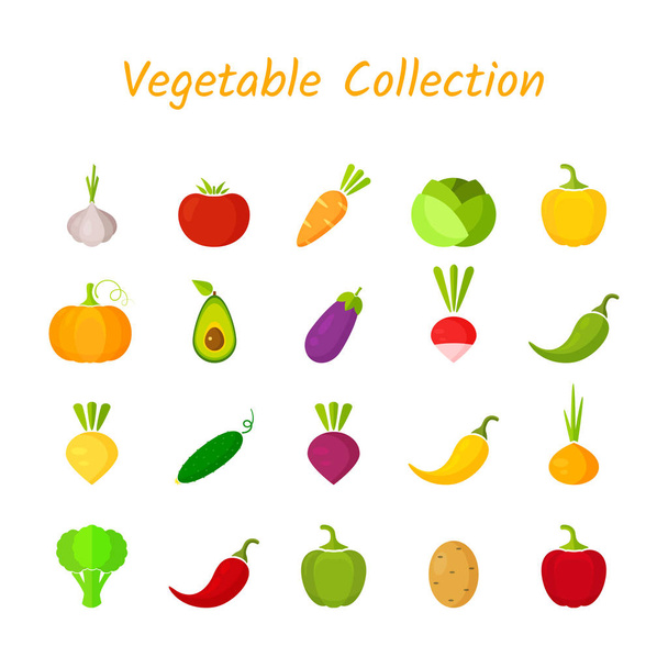 Плоский изолированный овощной значок на белом фоне. Векторная иллюстрация с набором зеленых, красных и желтых свежих овощей для логотипа органического рынка или вегетарианской кухни
 - Вектор,изображение