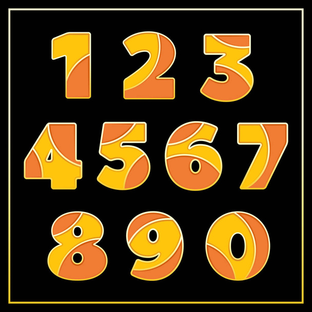 Цветной стилизованный мозаичный шрифт с цифрами. Часть 4 из 5. Эмаль ювелирного искусства изолированные номера в теплых оранжевых цветов. Типографическая векторная иллюстрация на черном фоне для стильного дизайна
. - Вектор,изображение