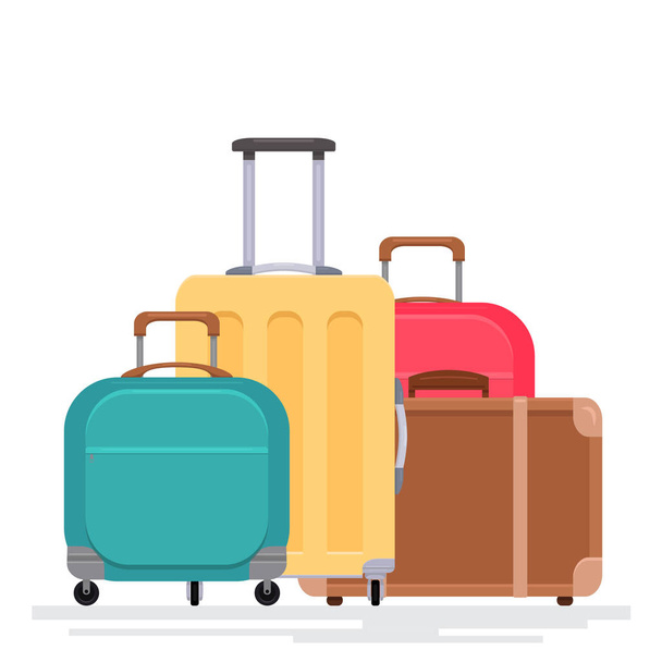 Flat illustration of various suitcases on a white background. Traveling with family. Vector element for postcards, banners and your creativity - Vector, imagen