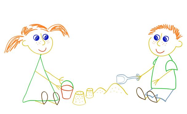 Chica y niño jugando con la arena
 - Vector, imagen