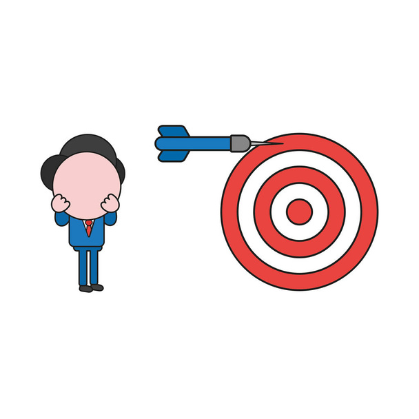 Vector illustration concept of businessman character with bulls eye and dart miss the target. Color and black outlines. - Vector, Image