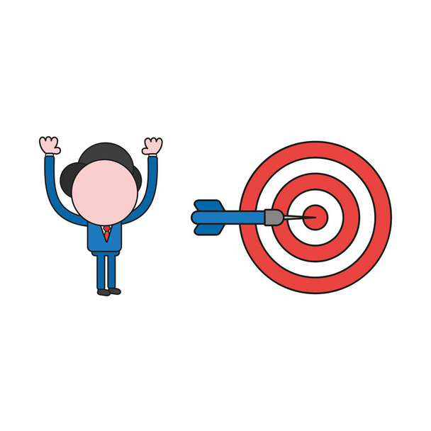Vector illustration concept of businessman character with bulls eye and dart in the center. Color and black outlines. - Vector, Image