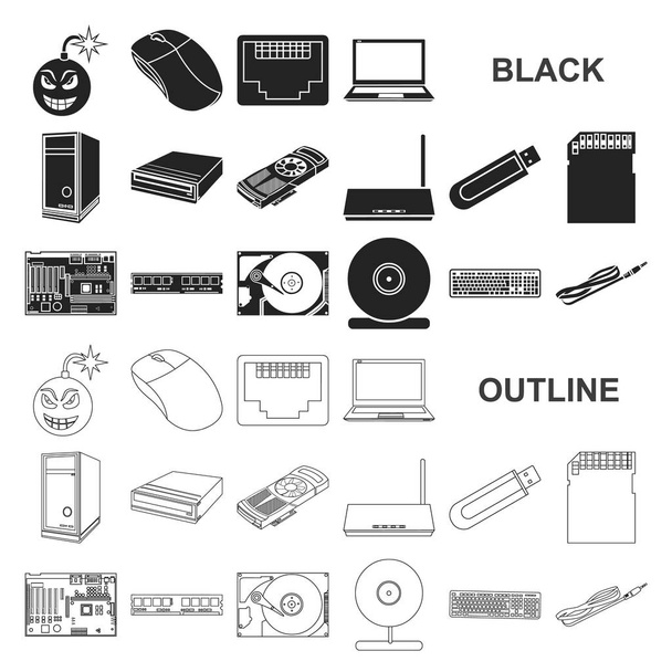 Személyi számítógép fekete ikonok beállítása gyűjtemény a design. Berendezések és tartozékok, vektor szimbólum állomány honlap illusztráció. - Vektor, kép