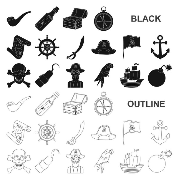 Πειρατής, θάλασσα εικονίδια ληστής μαύρο σετ συλλογής για το σχεδιασμό. Θησαυροί, χαρακτηριστικά διανυσματικά εικονογράφηση σύμβολο μετοχής web. - Διάνυσμα, εικόνα