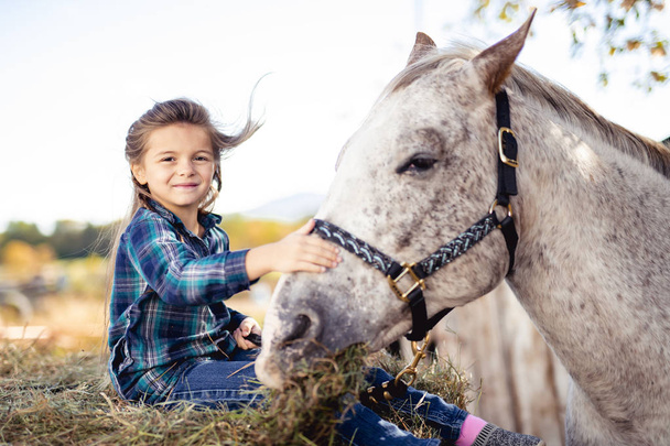 in a beautiful Autumn season of a young girl and horse - Fotoğraf, Görsel