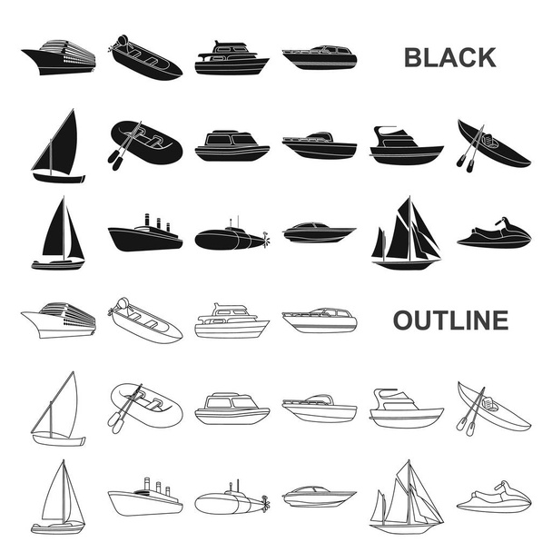 Set koleksiyonu tasarım için su ve deniz taşıma siyah simgeler. Tekneler ve gemiler çeşitli sembol stok web illüstrasyon vektör. - Vektör, Görsel