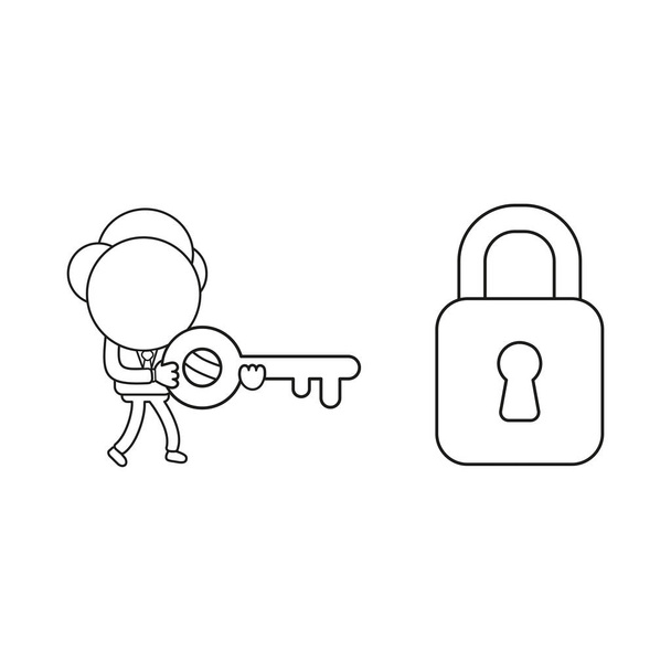 Conceito de ilustração vetorial de personagem de empresário andando e carregando chave para desbloquear cadeado. Esboço preto
. - Vetor, Imagem