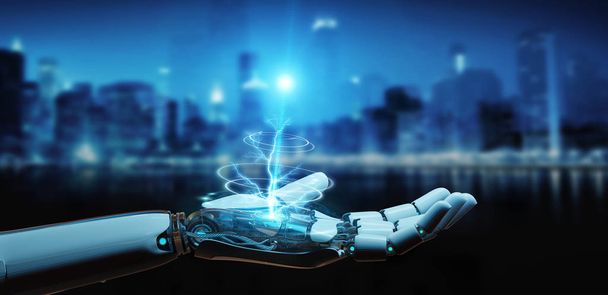 Cyborg blanc ouvrant sa main isolé sur fond de ville rendu 3D
 - Photo, image