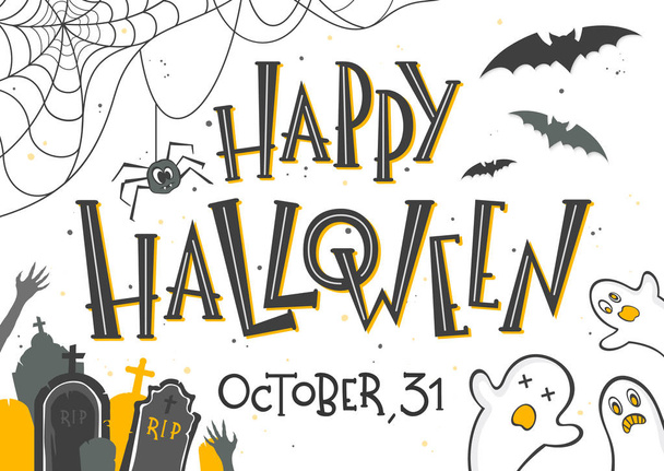 Halloween poster with lettering,ghosts,bats and spider.Halloween design perfect for prints,flyers,banners invitations,greeting scrapbooking,congratulations and more.Vector Halloween illustration. - Vector, Imagen