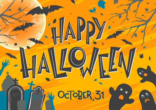 Halloween poster with lettering,grunge background,ghosts,cemetery and bats.Halloween design perfect for prints,flyers,banners invitations,greetings and more.Vector Halloween illustration. - Vector, imagen