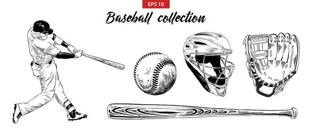 Vector engraved style illustration for posters, decoration. Hand drawn sketch set of baseball player, helmet, glove, ball and bat isolated on white background. Detailed vintage etching drawing. - Vector, Image