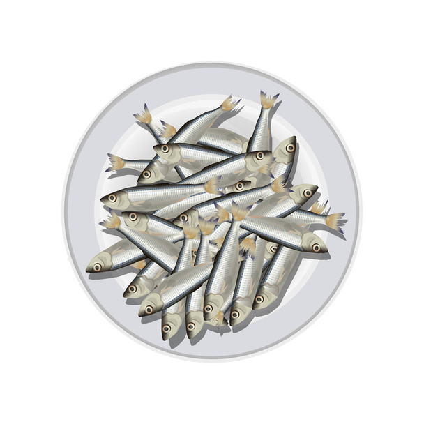 Whole raw fish on white plate. Vector illustration isolated on white background - Wektor, obraz