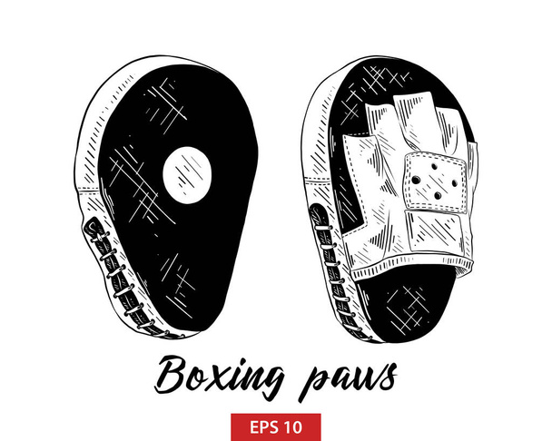 Vector engraved style illustration for posters, decoration and print. Hand drawn sketch of boxing training paws in black isolated on white background. Detailed vintage etching style drawing. - Vector, Image