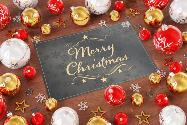 Christmas card greetings on wooden desktop with red baubles 3D rendering - Φωτογραφία, εικόνα