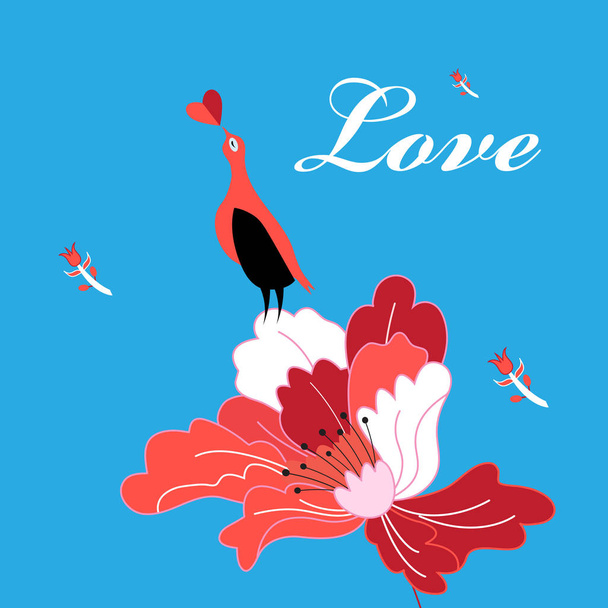 Beautiful bright greeting card with bird in love on a flower on a blue background - Vector, Image