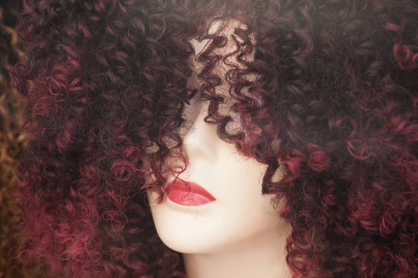 closeup of woman face of mannequin with afro wig in fashion store showroom - Foto, Imagen