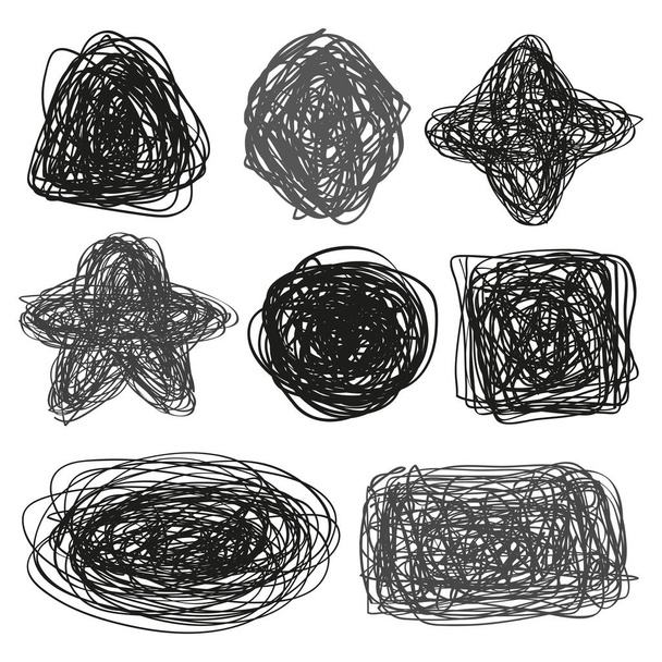 Grunge geometriai jeleket. Infographic elemek elszigetelt háttér. Nagy sor fehér. Kézzel rajzolt egyszerű kusza szimbólumok. Doodles design. Lefűzés oldalt. Absztrakt körök, ellipszisek és téglalap keretek - Vektor, kép