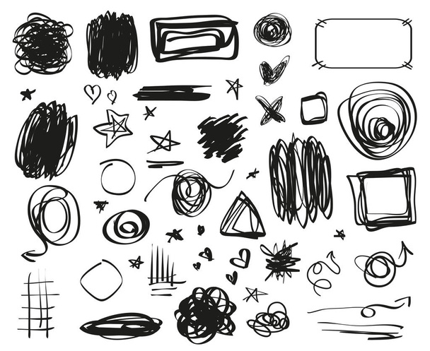 Grunge-kylttejä. Infografiset elementit eristetyllä taustalla. Iso sarja valkoisella. Käsin piirretyt yksinkertaiset symbolit. Doodles suunnitteluun. Viivataidetta. Abstrakti nuolet, ympyrät, neliöt ja suorakulmion kehykset
 - Vektori, kuva