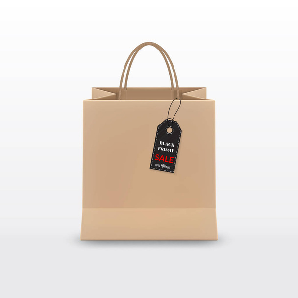 Black Friday Sale. Realistic brown Paper shopping bag with handles and funky tag isolated on white background. Vector illustration. - Vector, Image