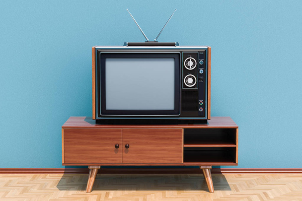 Retro Tv-toestel op de stand in de kamer op de houten vloer, 3D-rendering - Foto, afbeelding