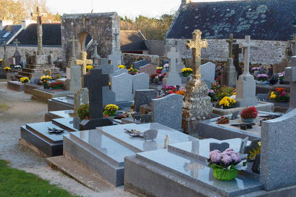Cementerio con plantas de crisantemo sobre lápidas para el Día de Todos los Santos - Foto, Imagen