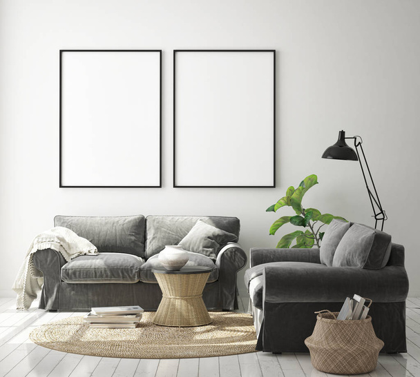 mock up poster frame in modern interior background, living room, Scandinavian style, 3D render, 3D illustration - 写真・画像