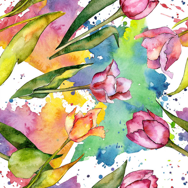 Květinový akvarel růžový Tulipán. Květinové botanické květin. Vzor bezešvé pozadí. - Fotografie, Obrázek