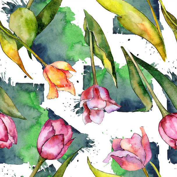Watercolor pink tulip flower. Floral botanical flower. Seamless background pattern. - Photo, Image
