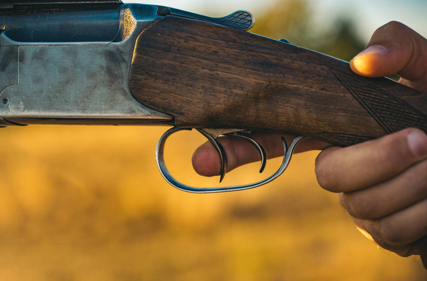 Pulled the trigger of the shotgun. Hunter with shotgun gun on hunt. - Photo, image