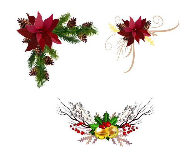 Kerstdecoratie set met groenblijvende treess dennenappels en poinsettia geïsoleerde vector - Vector, afbeelding